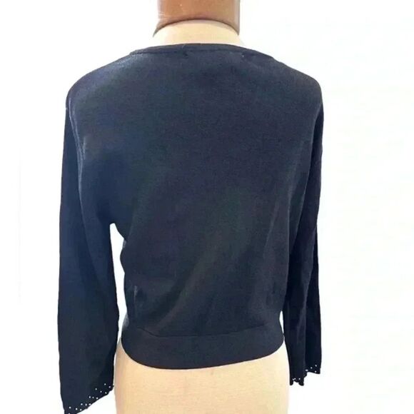 Delicate crop cardigan by Madison Leigh. Navy with beading sleeve & lapel - Picture 5 of 9